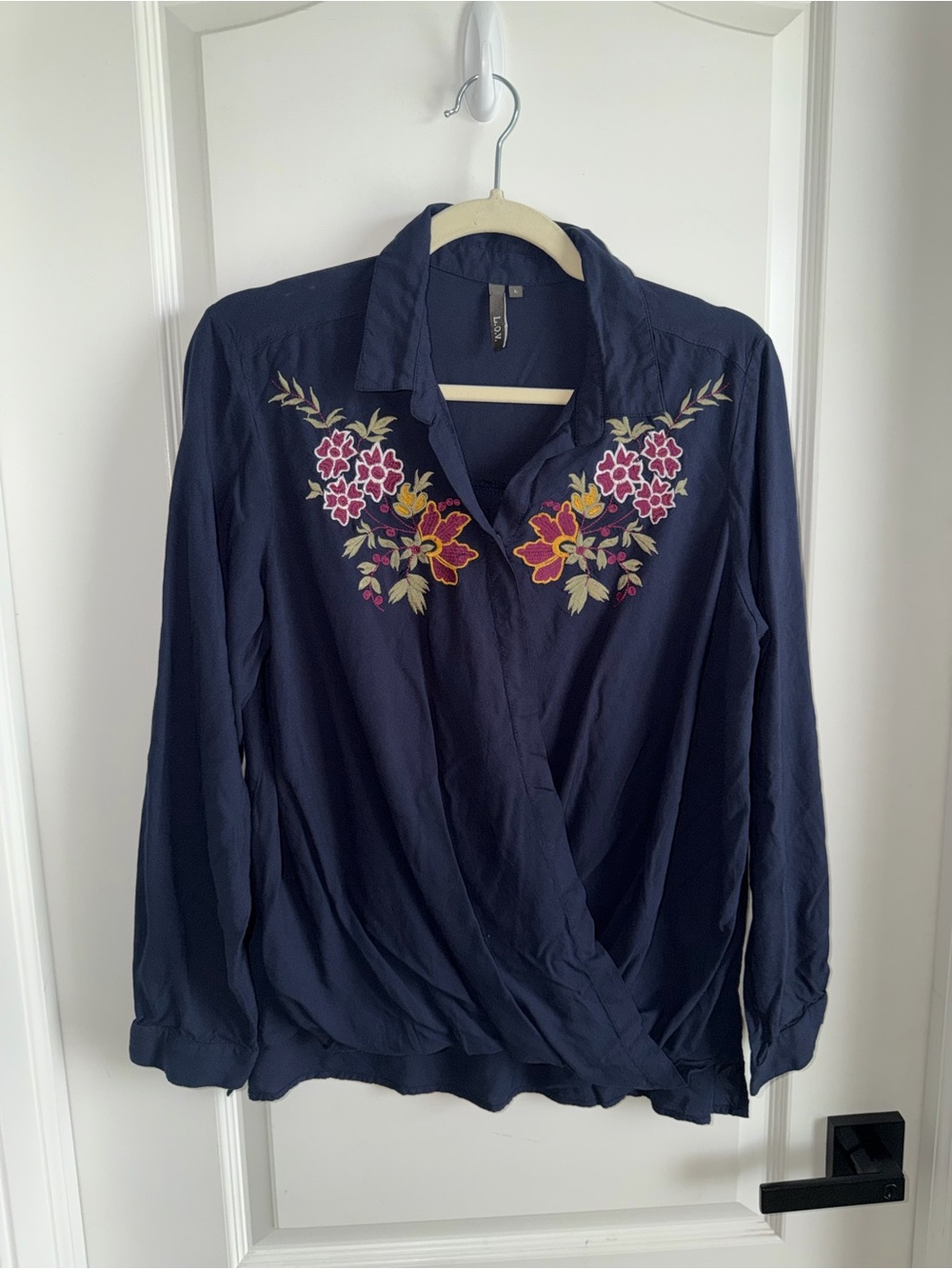 L.O.V. Navy Blue Floral Embroidered Wrap Blouse Women’s Large Boho Long Sleeve